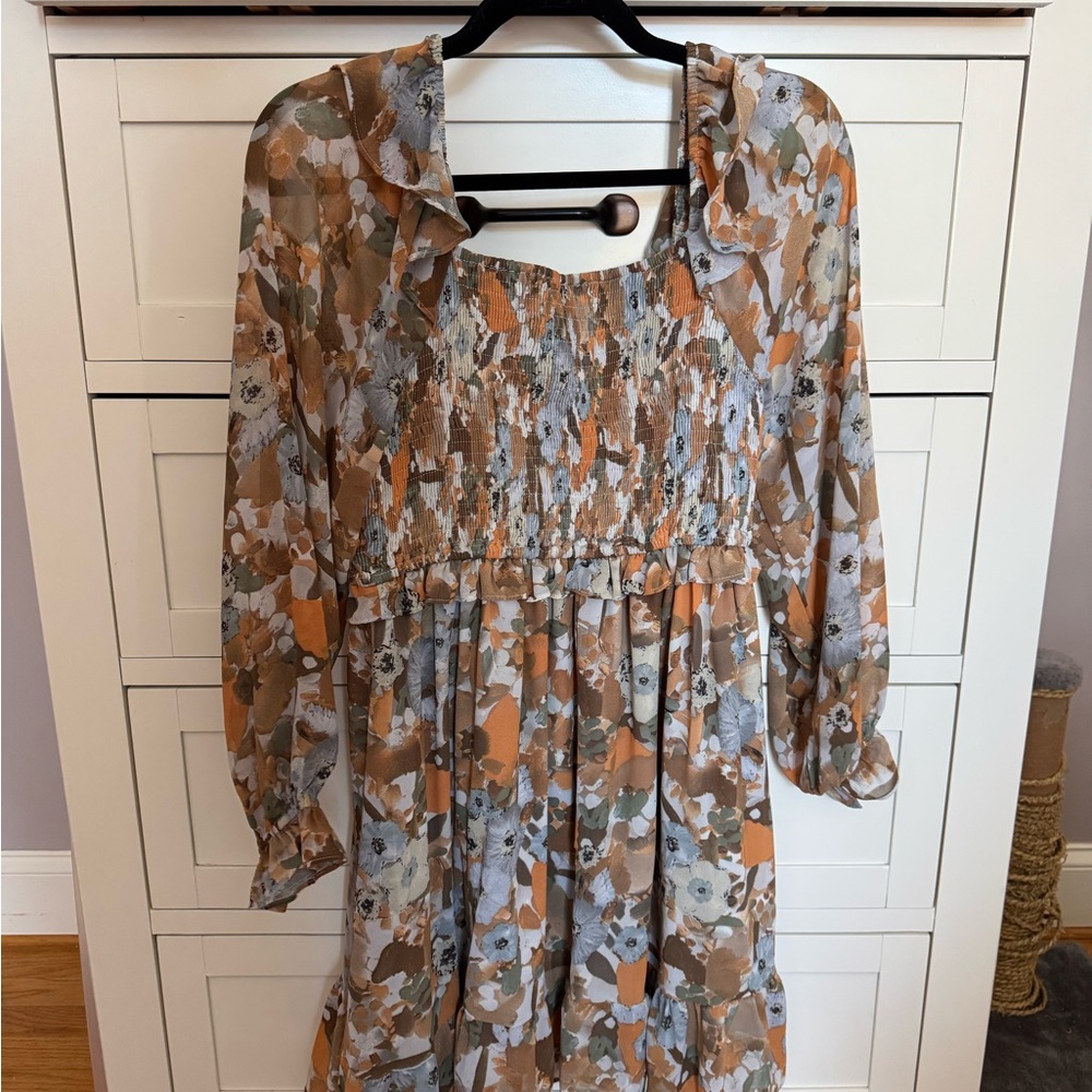 JODIFL Floral Long Sleeve Dress - Orange, Blue, White